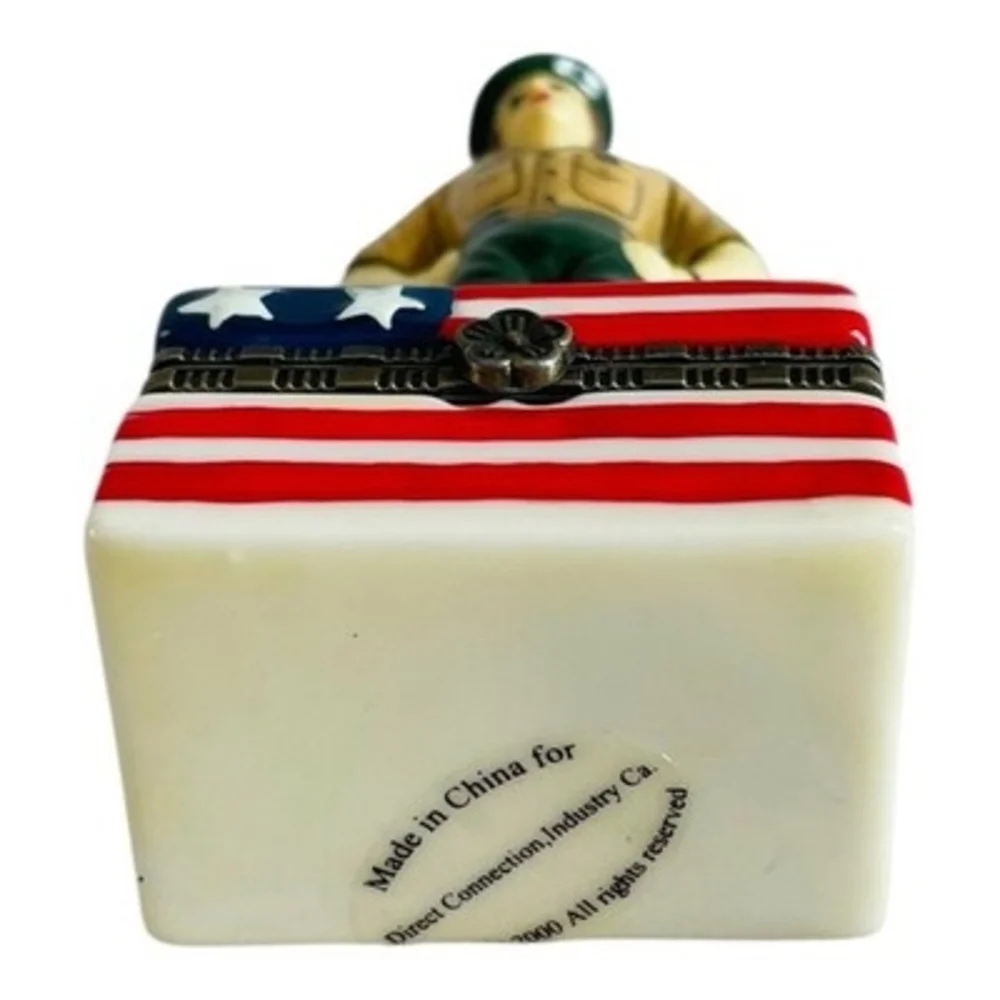 Rare Porcelain Hinged Trinket Box USA Military Soldier American Flag Vintage NIB
